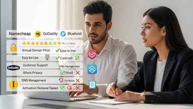 أفضل مقارنة بين مزودي الدومين Namecheap vs GoDaddy vs Bluehost