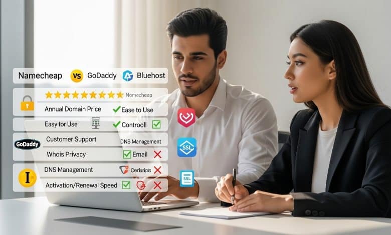 أفضل مقارنة بين مزودي الدومين Namecheap vs GoDaddy vs Bluehost
